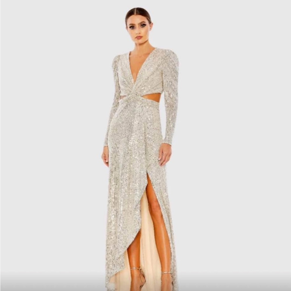 Mac Duggal Glittering Silver Long Sleeve Gown, new with tags!